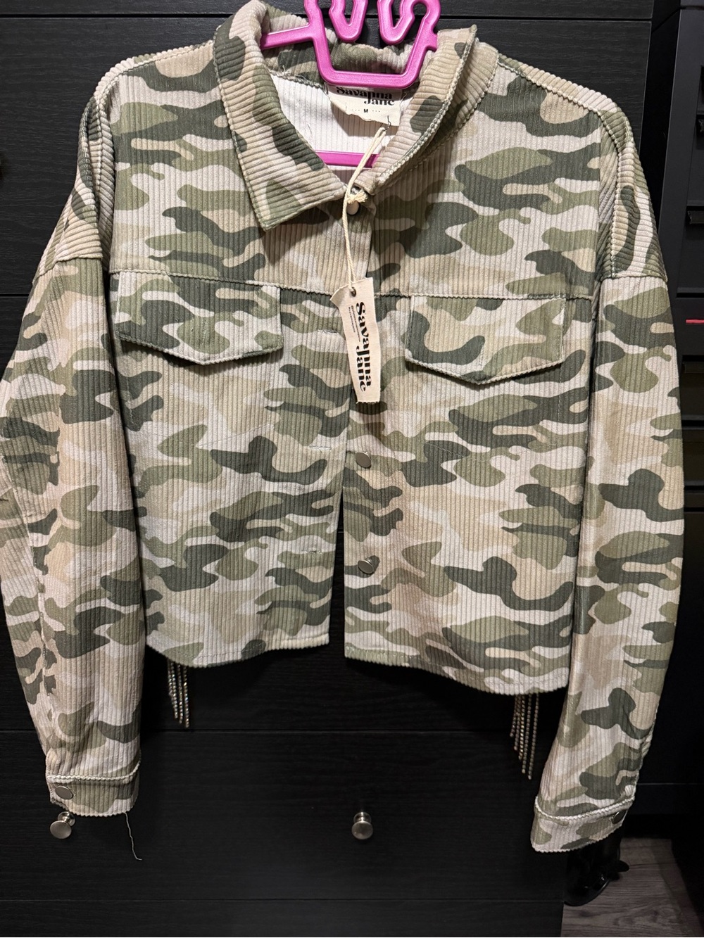 NWT Savanna Jane Camo Corduroy Rhinestone Fringe Jacket – Size M